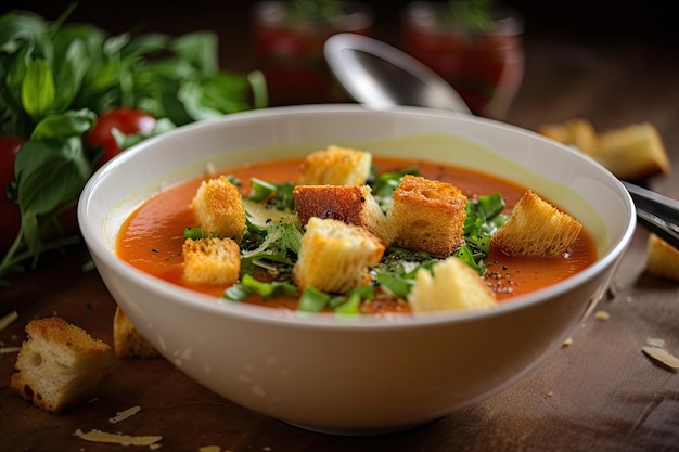 Cuenco de gazpacho cubierto con picatostes crujientes y un chorrito de aceite de oliva virgen extra