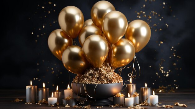 un cuenco de globos de oro y velas con velas a su alrededor