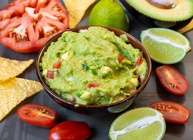 Cuenco de guacamole recién hecho verde vibrante con textura cremosa rodeado de papas fritas de tortilla