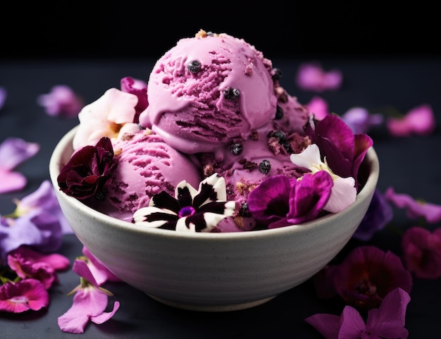 un cuenco de helado con flores