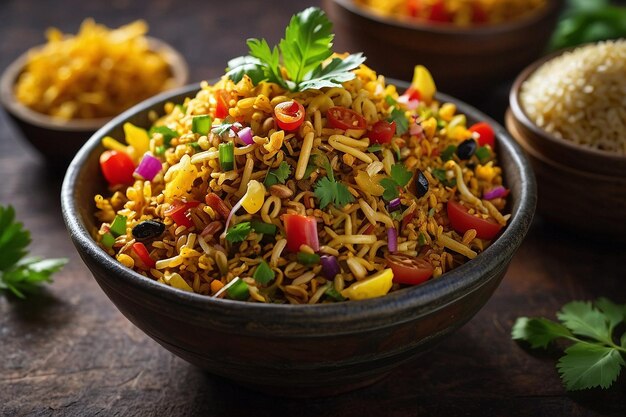 Foto el cuenco de hojas ecológicas de savory bhel puri