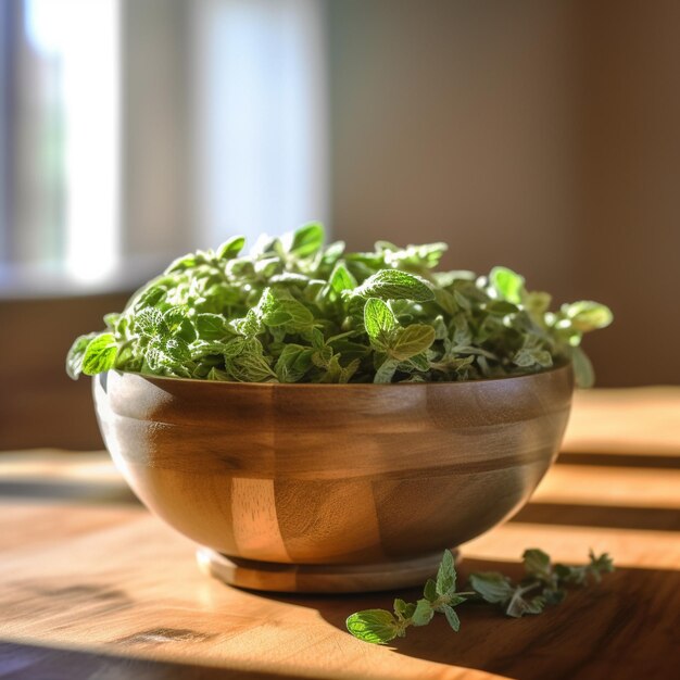 un cuenco de hojas verdes en una mesa de madera con una planta en ella