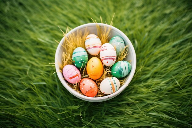 Un cuenco de huevos de Pascua coloridos en el césped