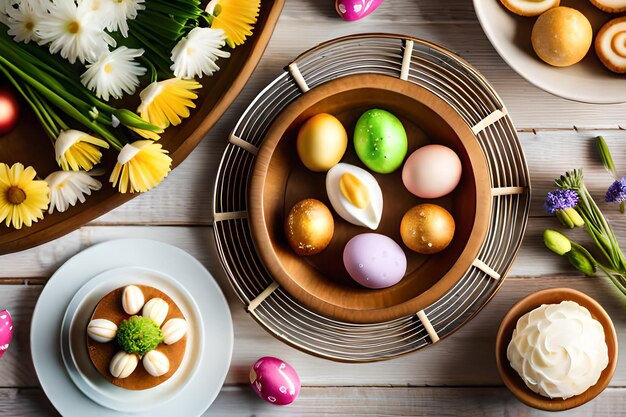 Foto un cuenco de huevos de pascua con una flor en la parte superior.