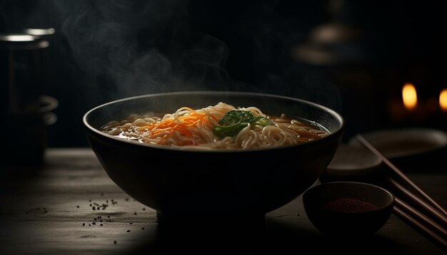 Cuenco humeante de fideos ramen caseros, un manjar japonés generado por IA