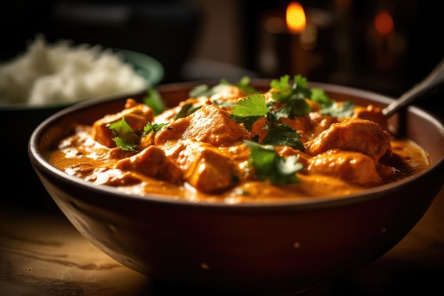 Cuenco humeante indio de pollo tikka masala generado por IA