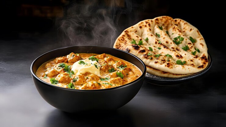 cuenco humeante de pollo de mantequilla rico y cremoso con pan naan