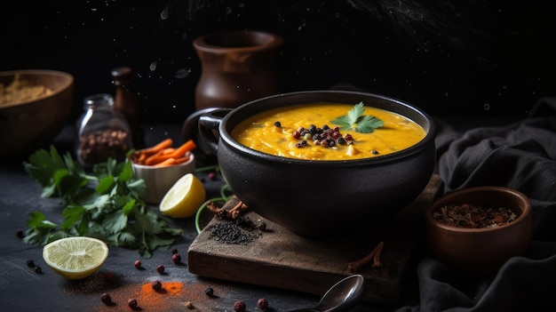 Cuenco humeante de sopa Dal con guarniciones coloridas en India Perfecto para anuncios de cocina india