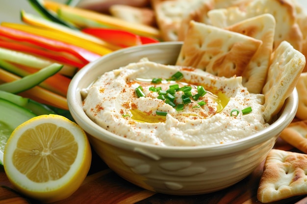 Foto un cuenco de hummus cremoso cubierto de aceite de oliva y especias servido con palitos de verduras de colores y pan pita