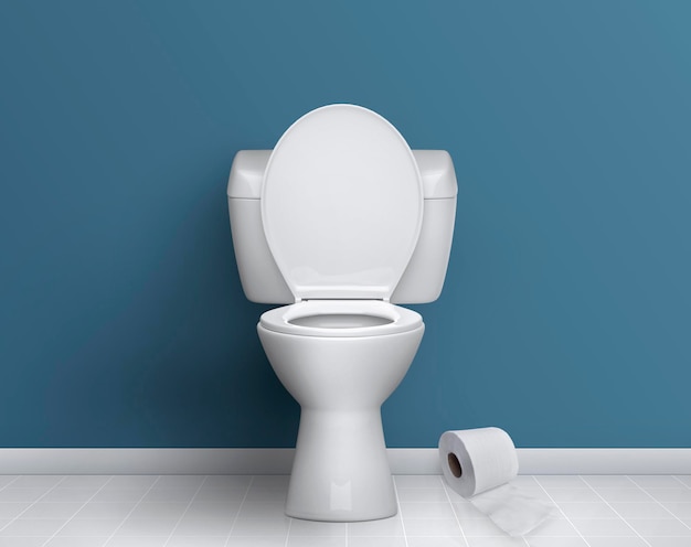 Cuenco de inodoro de cerámica y papel higiénico cerca de la pared azul