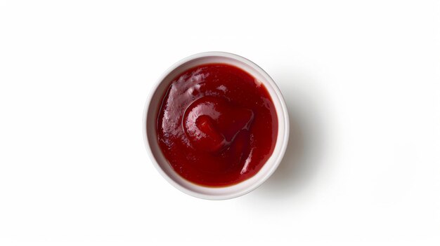 Cuenco de ketchup o salsa de tomate aislado en fondo blanco vista superior