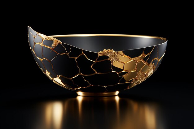 Foto cuenco de kintsugi japonés de oro y negro con línea agrietada en una olla de arte