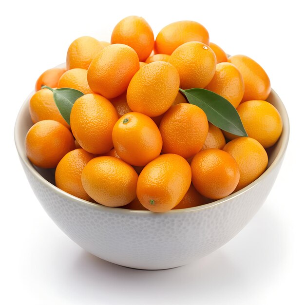 Un cuenco de kumquats se presenta sobre un fondo blanco