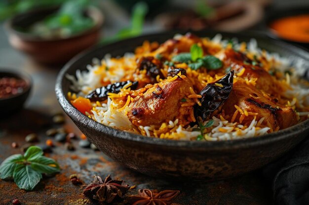 un cuenco lleno de carne de arroz y especias