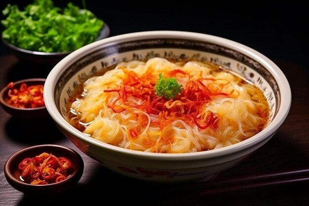 un cuenco lleno de fideos y verduras en una mesa