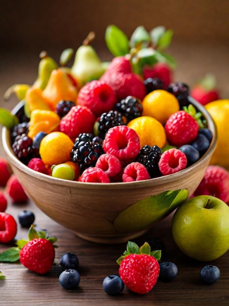 Foto un cuenco lleno de frutas vibrantes generadas por la ia