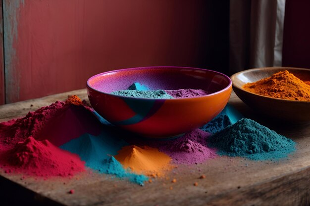 un cuenco lleno de polvo colorido sentado en la parte superior de una mesa de madera