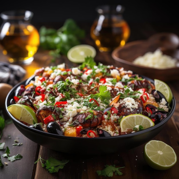 Un cuenco lleno de una variedad de platos de arroz en colores oscuros y vibrantes.