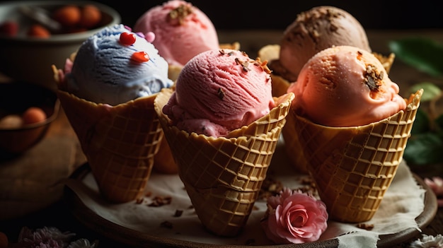 Cuenco de madera con bolas de helado de bayas y menta generada por IA