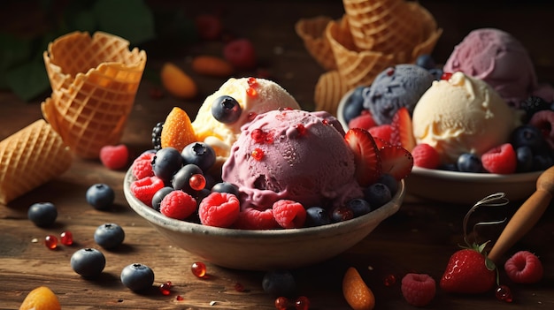 Cuenco de madera con bolas de helado de bayas y menta generada por IA