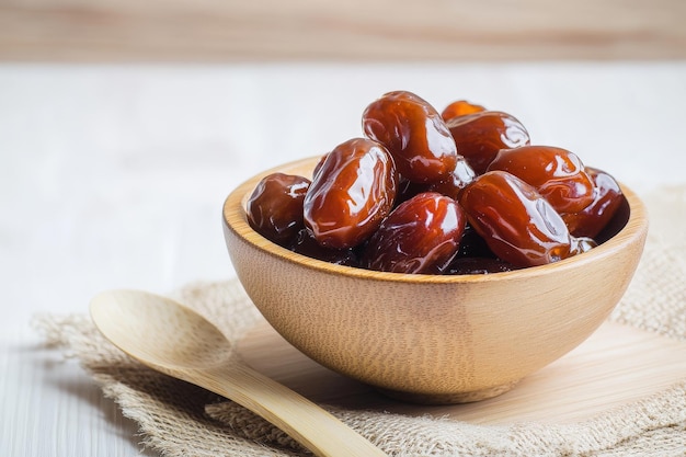 Cuenco de madera con dátiles secos dulces y crudos