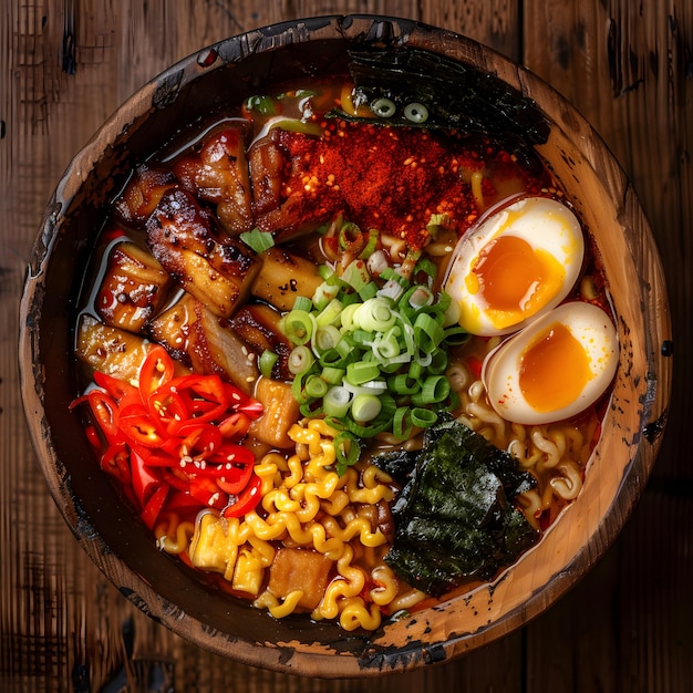 Un cuenco de madera con fideos ramen huevos verduras en una mesa de madera