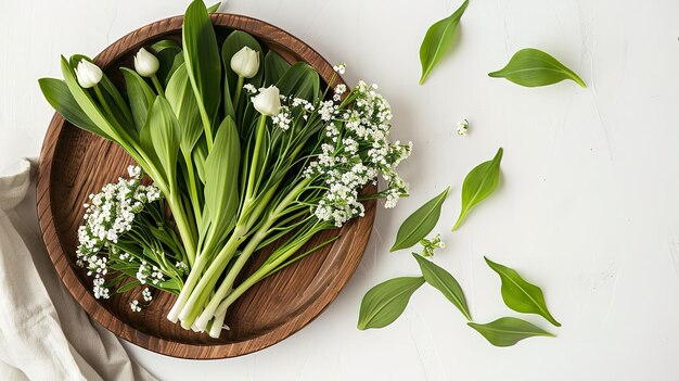 Foto un cuenco de madera con flores y hojas en él