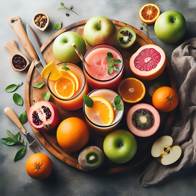 Foto un cuenco de madera de frutas y naranjas con un cuchillo y un tenedor