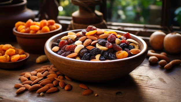 Cuenco de madera con frutas secas y nueces en primer plano de la mesa