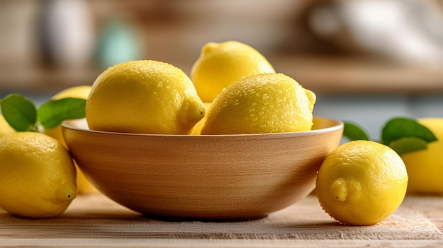 Un cuenco de madera generado por la IA lleno de limones amarillos brillantes en una encimera de la cocina