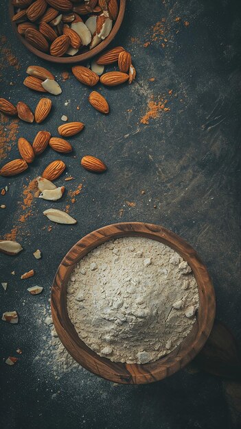 Foto cuenco de madera con harina de almendra y nueces