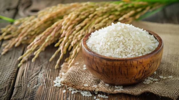 Un cuenco de madera lleno de arroz blanco con planta de arroz paddy en un fondo de burlap rústico