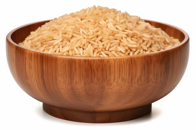 Un cuenco de madera lleno de arroz marrón aislado en un fondo vacío