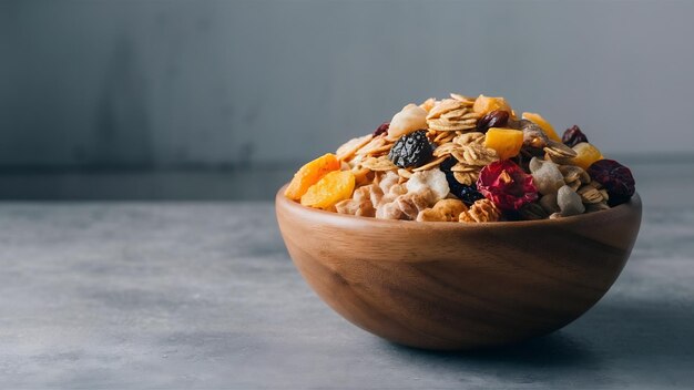 Un cuenco de madera lleno de cereales saludables en una superficie gris