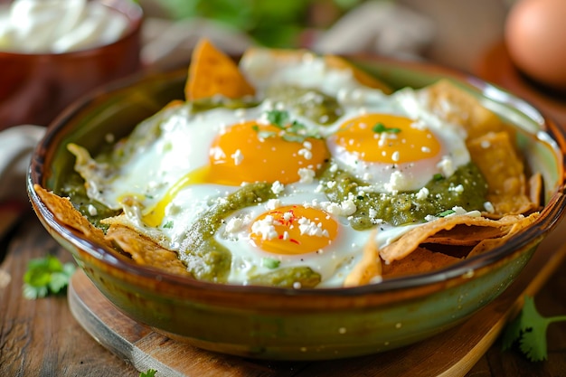 Un cuenco de madera lleno de chilaquiles mexicanos en la mesa