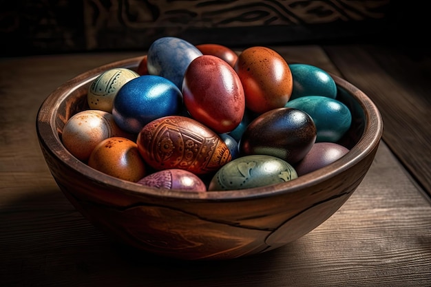 Cuenco de madera lleno de huevos de Pascua pintados de colores vibrantes IA generativa