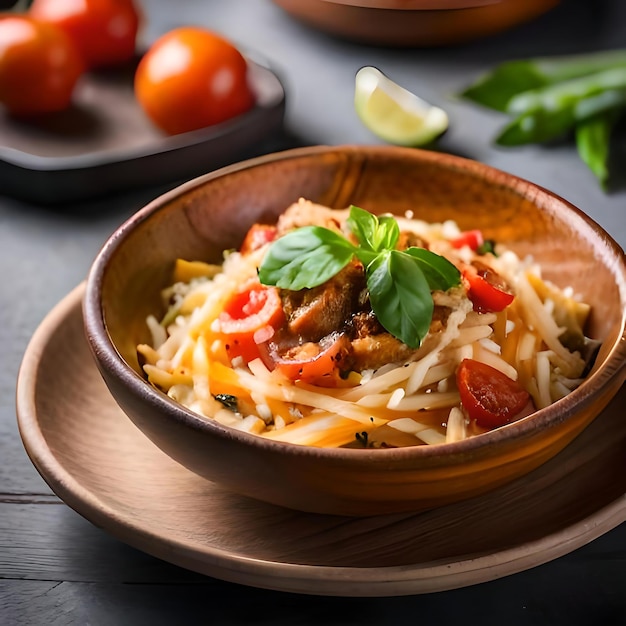 un cuenco de madera lleno de pasta y verduras