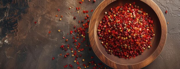 Un cuenco de madera lleno de pimientos rojos en la mesa