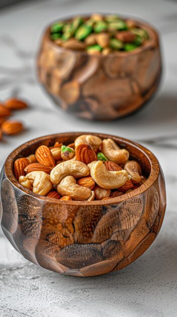 Un cuenco de madera lleno de una variedad de nueces descansa sobre una mesa