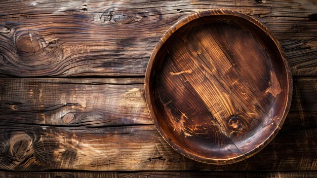 Foto un cuenco de madera está en una mesa con un borde de madera