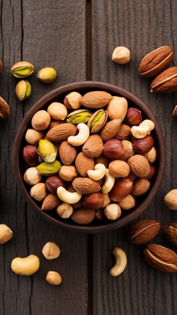 Cuenco de madera con nueces mixtas en un gris de madera