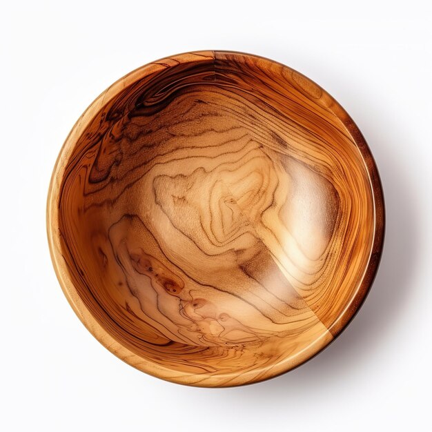 Un cuenco de madera con un patrón marrón está sobre un fondo blanco.