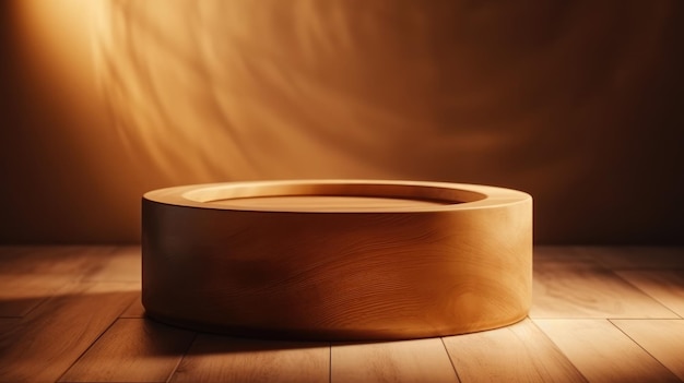 Un cuenco de madera sobre una mesa de madera con un fondo dorado.