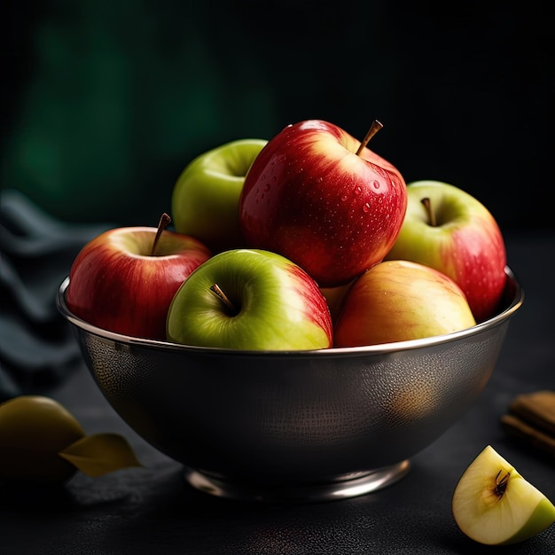 Un cuenco de manzanas con una manzana verde encima.