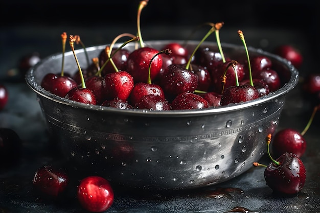 Un cuenco metálico de cerezas.