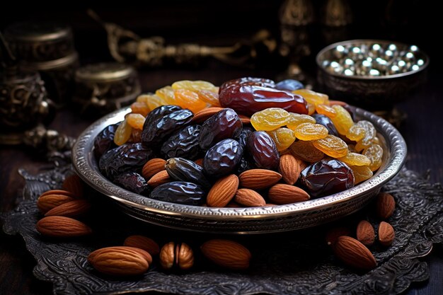 Cuenco metálico con dulces frutas secas lukum y nueces en un escritorio de madera negra para el ramadán