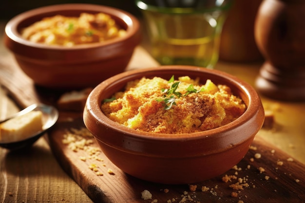 Un cuenco con migas sobre una mesa de madera un plato tradicional de la cocina española elaborado con pan rallado Ai generativo