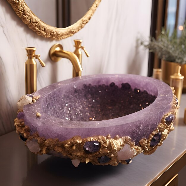 Foto un cuenco morado con piedras moradas está en el mostrador del baño.