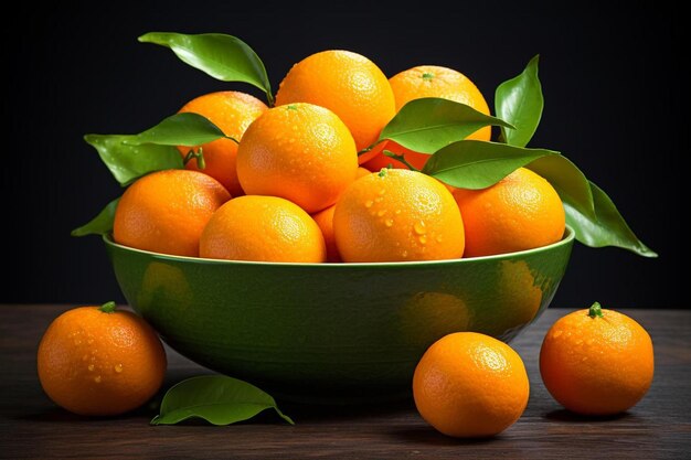 Un cuenco de naranjas con hojas y una hoja verde.