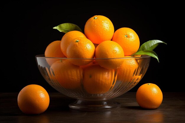 Un cuenco de naranjas con hojas sobre una mesa.